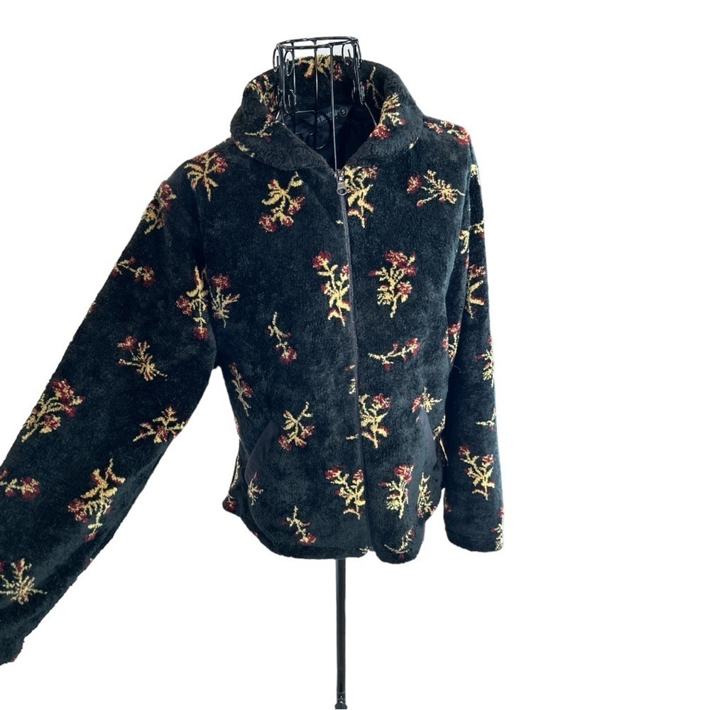 VTG Black Diamond Sherpa Fleece Botanical Floral Print Jacket Black Size Small - Picture 3 of 12